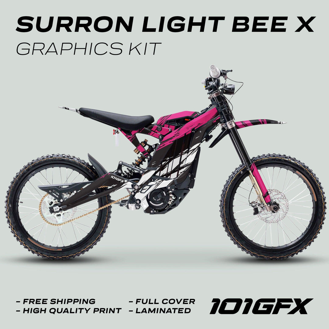 Surron Light Bee X Graphics Kit SLICE BLACK Pink on bike, featuring pink-and-black decals, highlighted by text promoting free shipping, high-quality print, full cover, and laminated.