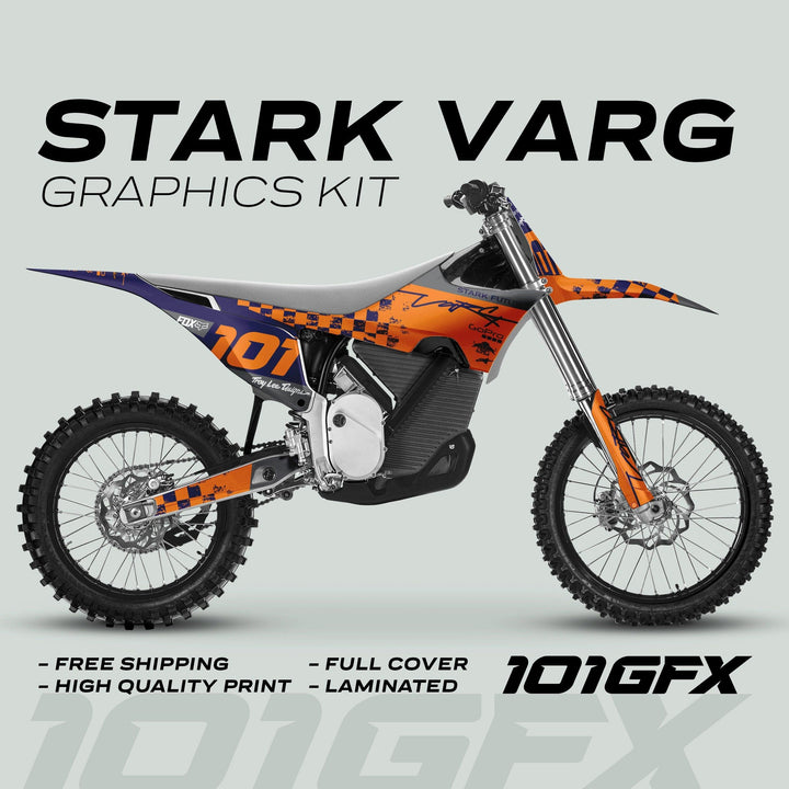 Stark Varg Graphics Kit RACE NAVY Orange Decals Stickers on a dirt bike featuring bright orange and deep purple designs with sponsor logos and promotional text.