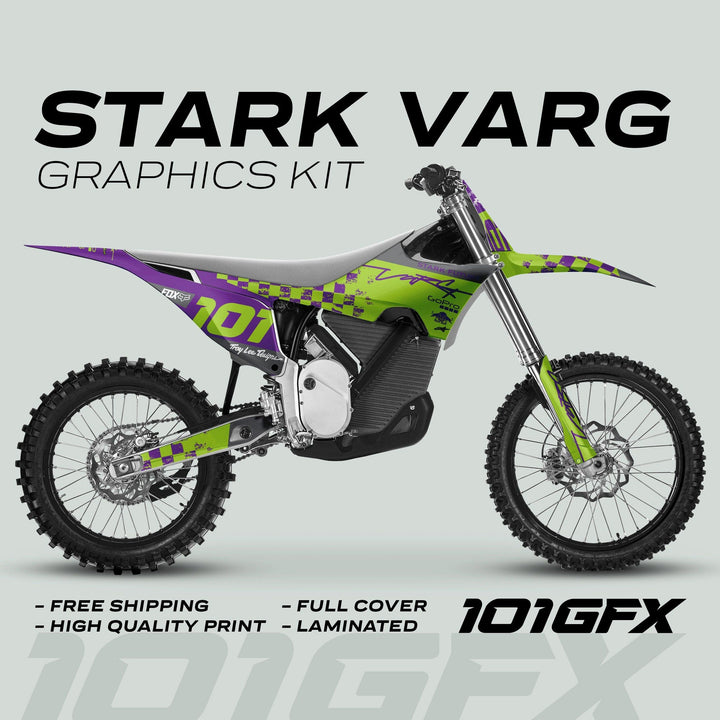 Stark Varg Graphics Kit RACE PURPLE Green Decals Stickers displayed on a dirt bike, highlighting durability, vibrant design, custom fit, and features like free shipping and lamination.