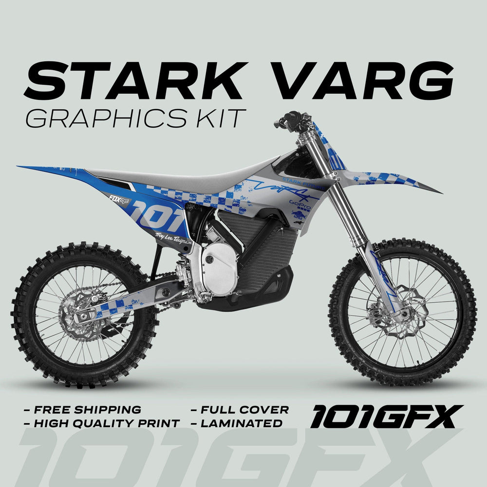 Stark Varg Graphics Kit RACE BLUE Grey Decals Stickers on a dirt bike, showcasing a blue-and-silver checkered design with selling points like free shipping and laminated finish.