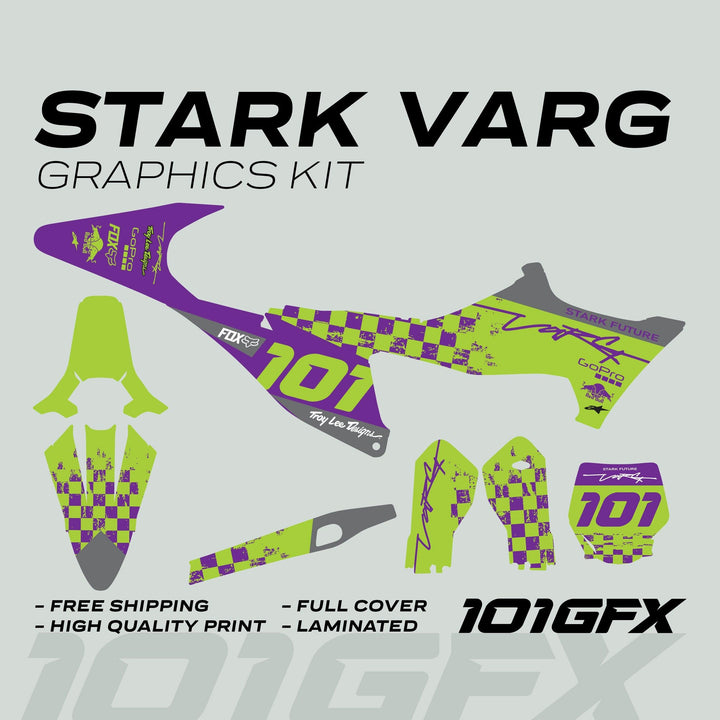 Stark Varg Graphics Kit with neon-green and purple checkerboard pattern, includes side-number plates, fender, and shroud decals, featuring logos and race number 101.