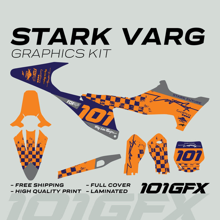 Stark Varg Graphics Kit RACE NAVY Orange Decals Stickers featuring bold checker patterns, sponsor logos, and components for dirt bike customization.