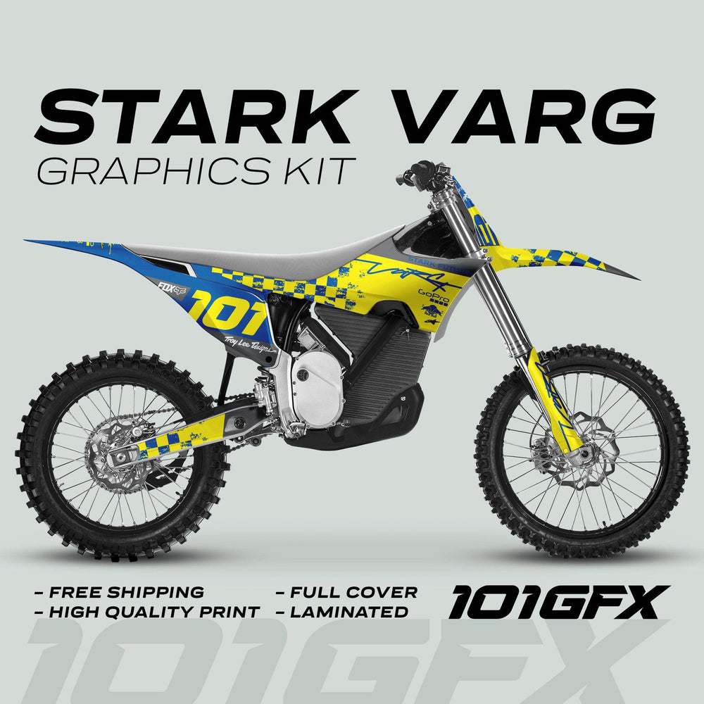 Stark Varg Graphics Kit RACE BLUE Yellow Decals Stickers on a bike with blue-yellow checkered design, featuring logos like Fox, GoPro, Red Bull; promotes durability and easy application.