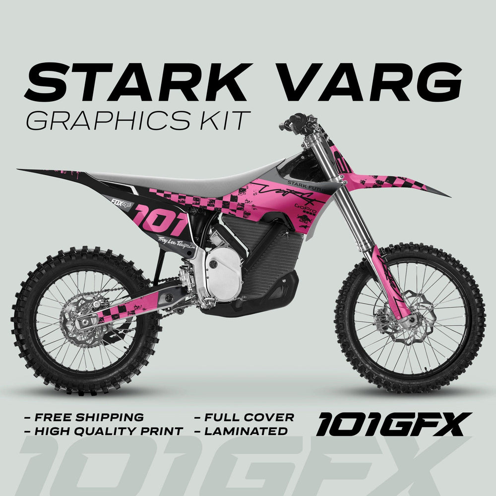 Side view of a dirt bike with Stark Varg Graphics Kit RACE BLACK Pink Decals, featuring a pink-black checkered design, number 101, and brand logos.