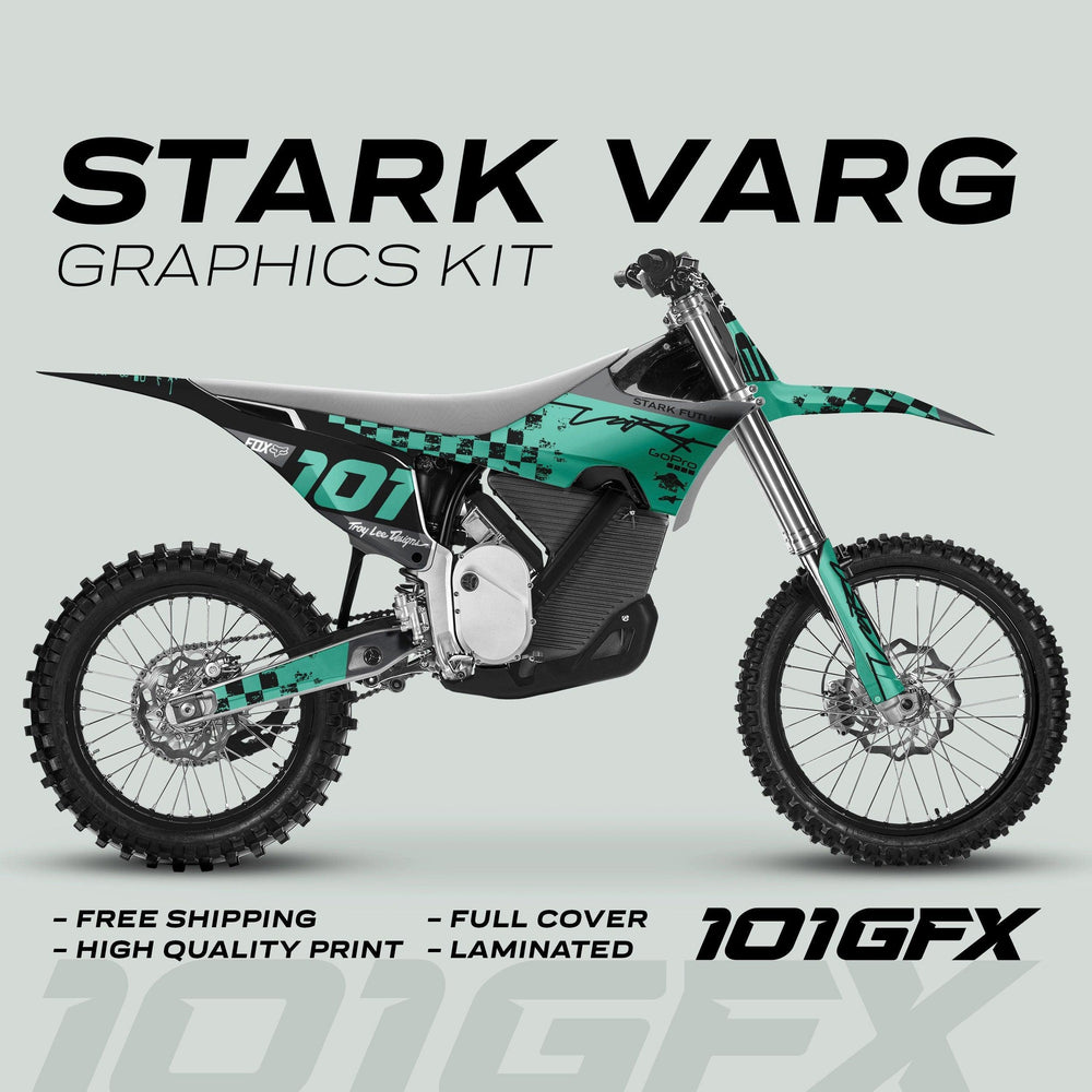Stark Varg Graphics Kit RACE BLACK Mint on dirt bike, featuring teal-and-black checkered decals, number 101, plus Free Shipping and High Quality Print notices.