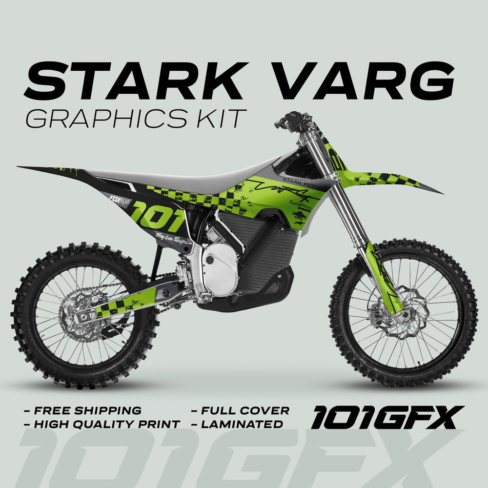Stark Varg Graphics Kit RACE BLACK Green Decals Stickers on dirt bike, featuring neon green base with black checkered elements, highlighting durability and easy application.