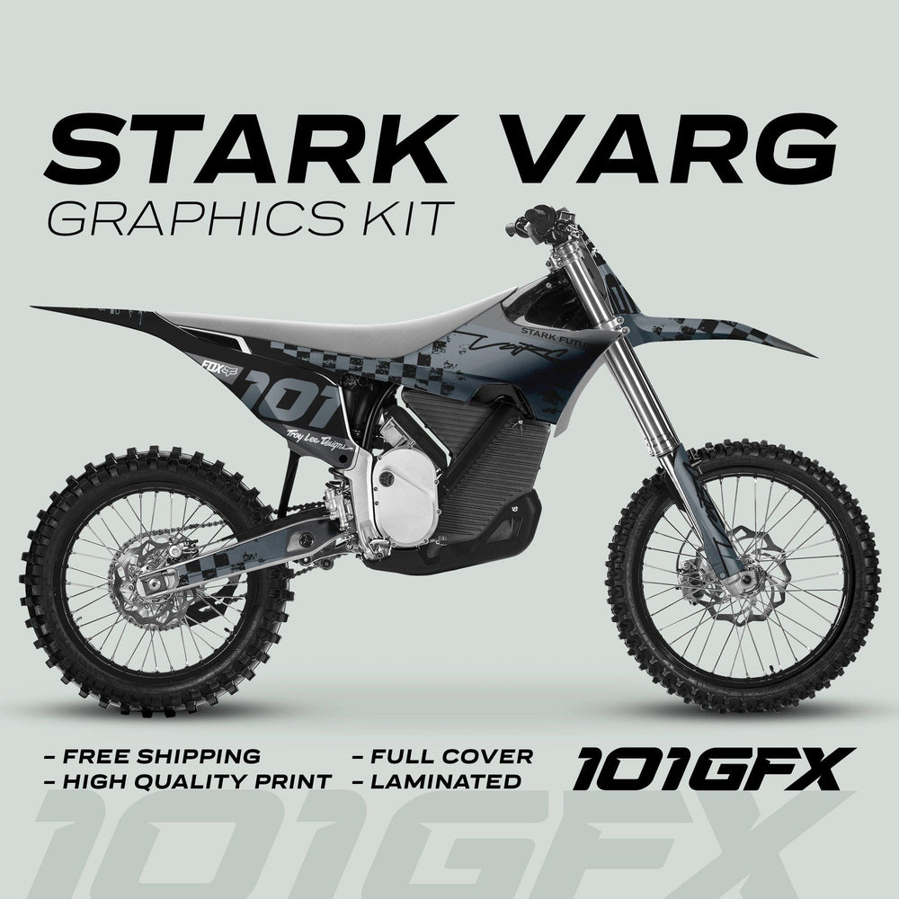 Stark Varg Graphics Kit RACE BLACK Grey Decals Stickers on a dirt bike, showcasing a checker/grunge pattern with 101 motif; features include full cover and high-quality print.