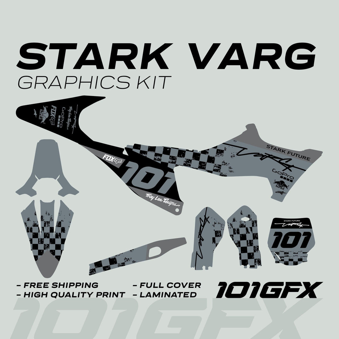 Stark Varg Graphics Kit RACE BLACK Grey Decals Stickers laid out, showcasing number-plate, shroud, fork guard, swingarm decals, with sponsor logos and checkerboard pattern.