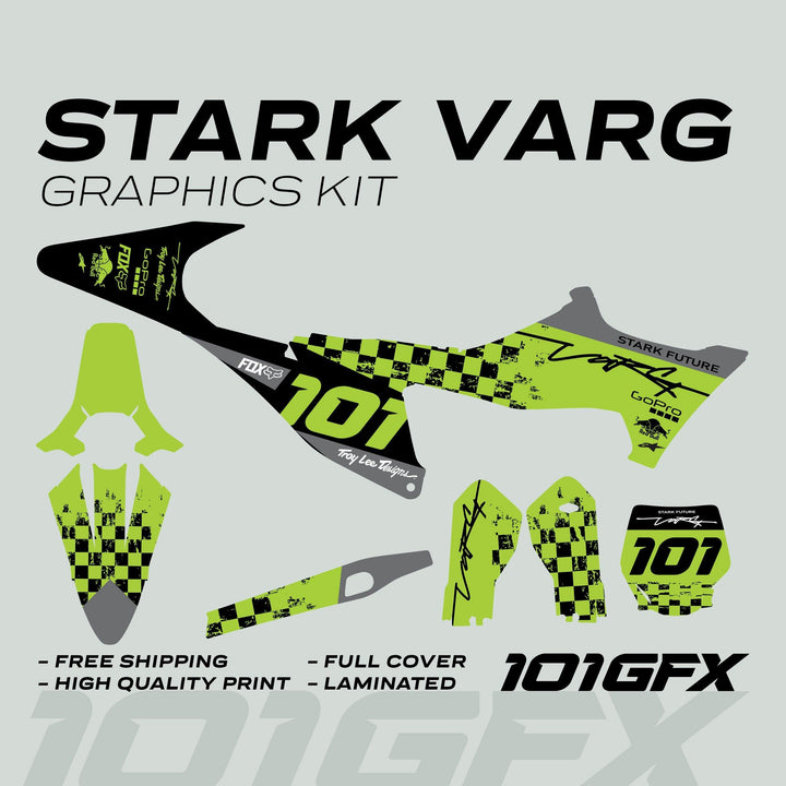 STARK VARG Graphics Kit RACE BLACK Green Decals: Neon-green, black, gray checker-style vinyl pieces with sponsor logos, offering durable, striking vehicle customization and easy installation.
