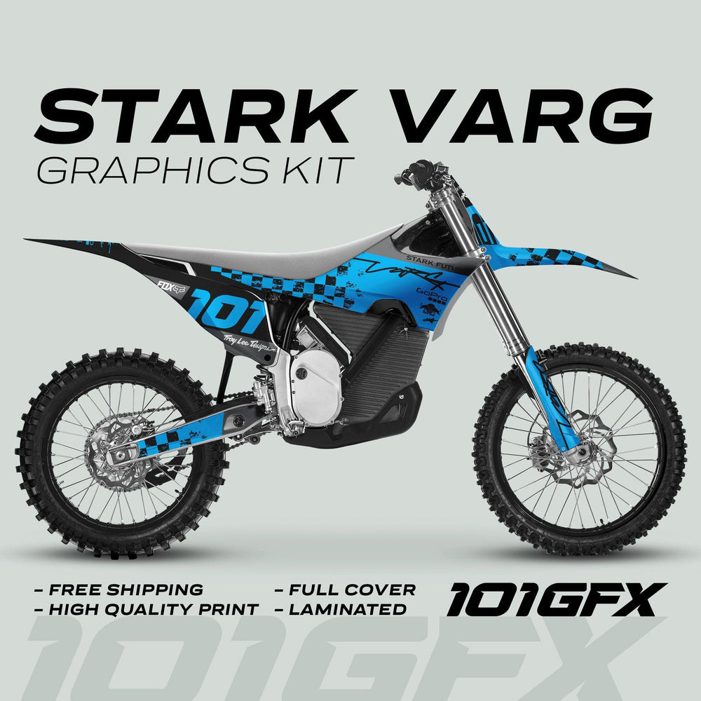Side profile of a dirt bike with Stark Varg Graphics Kit, featuring blue-and-black decals, checkerboard accents, and 101 number. Highlights: free shipping, high-quality print, full cover, laminated.