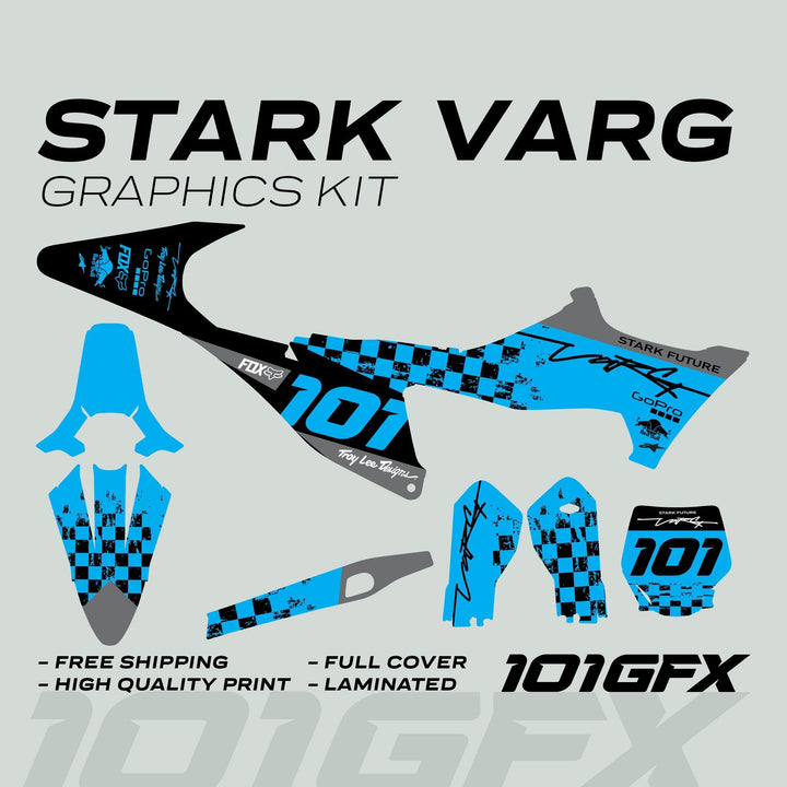Stark Varg Graphics Kit RACE BLACK Cyan Decals Stickers laid out, featuring a distressed checker pattern and sponsor logos, ready for off-road bike customization.