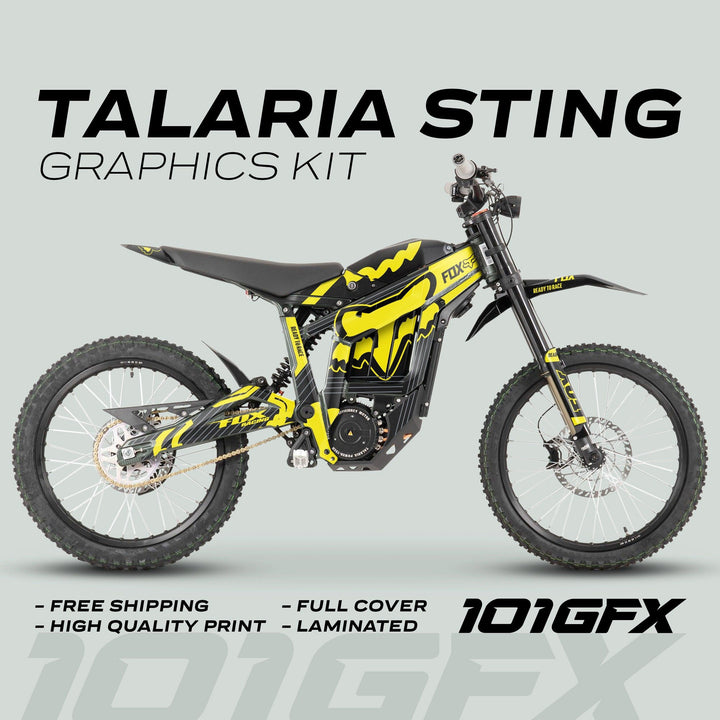 Talaria Sting MX3 MX4 Graphics Kit FOX STRIPES Black Yellow on an electric motorcycle, showcasing high-quality black-and-yellow decals with 101GFX branding and promotional features.