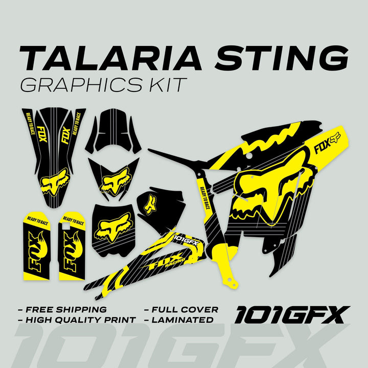Talaria Sting MX3 MX4 Graphics Kit featuring black-and-yellow FOX STRIPES, decals for fenders and plates, with Fox logo, promoting durability and easy application.