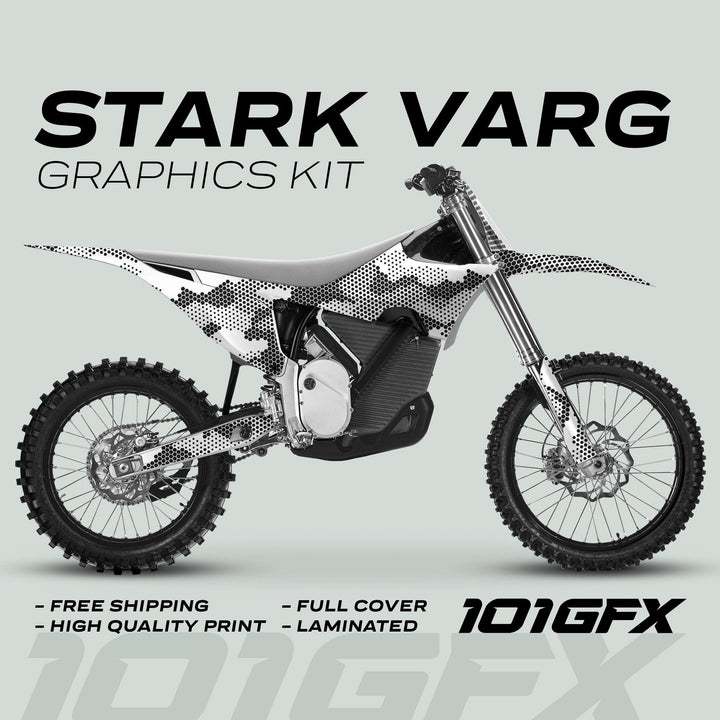 Stark Varg Graphics Kit HEXOCAM White Decals Stickers on a dirt bike, showcasing black-and-white camo design, with benefits like free shipping and high-quality print highlighted.