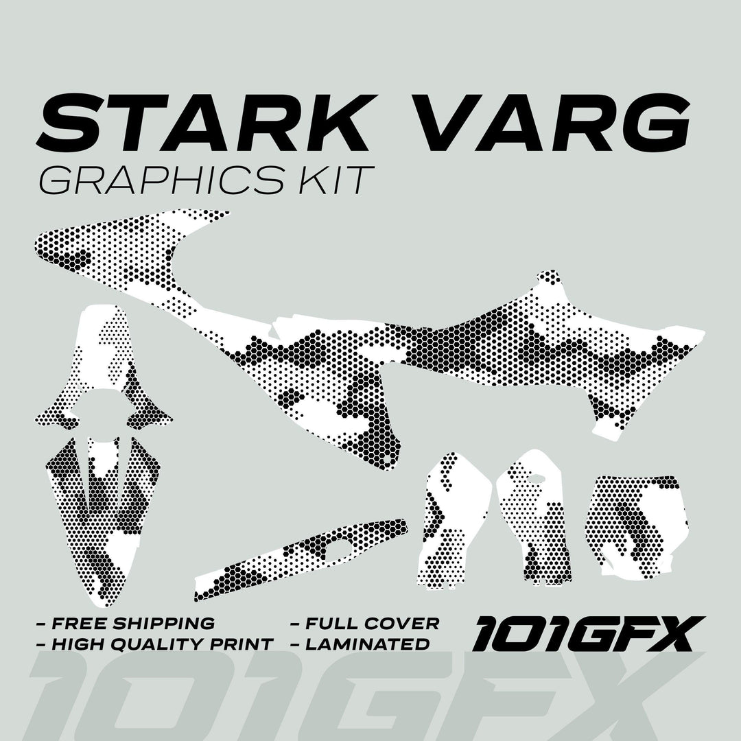 Stark Varg Graphics Kit HEXOCAM White Decals Stickers featuring black-and-white hex camo panels, highlighting free shipping, high-quality print, full cover, and laminated finish.