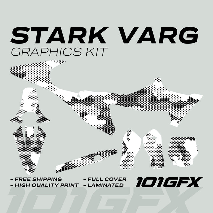 Stark Varg Graphics Kit HEXOCAM White Decals Stickers featuring black-and-white hex camo panels, highlighting free shipping, high-quality print, full cover, and laminated finish.