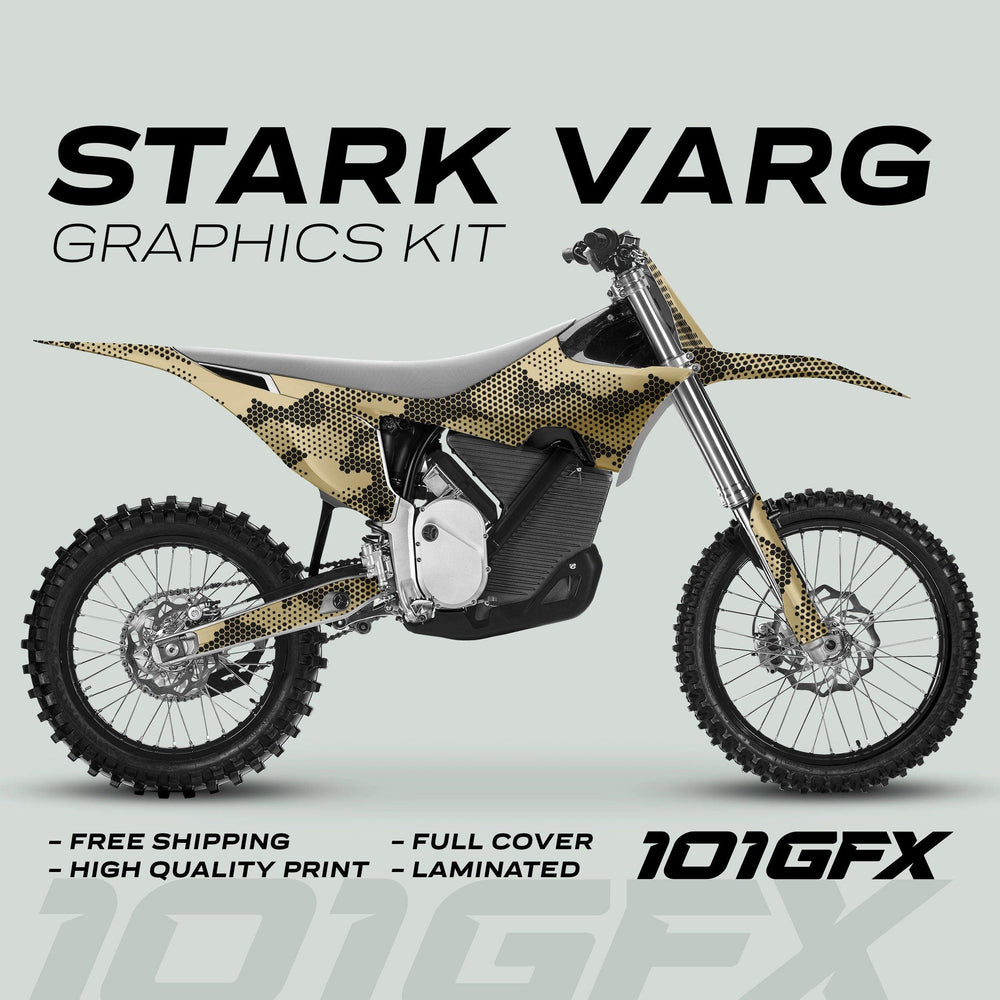 Stark Varg Graphics Kit HEXOCAM Sand Decals Stickers on a motocross bike, showcasing tan-black hex-dot camo, emphasizing durability, easy application, and full coverage.