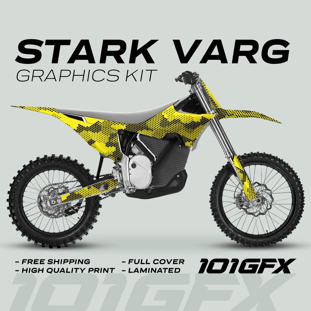 Stark Varg Graphics Kit HEXOCAM Yellow Decals on dirt bike, featuring a bold camo style with promotional text for free shipping and high-quality print.