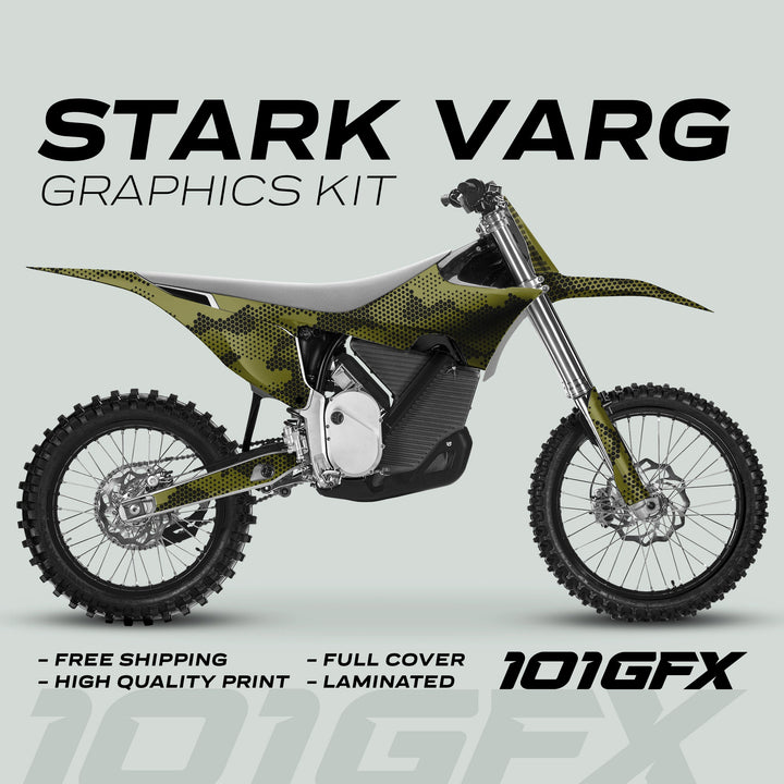 Stark Varg Graphics Kit HEXOCAM Olive Decals: side-view of a dirt bike with olive camo graphics, showcasing Free Shipping, High Quality Print, Full Cover, laminated durability.