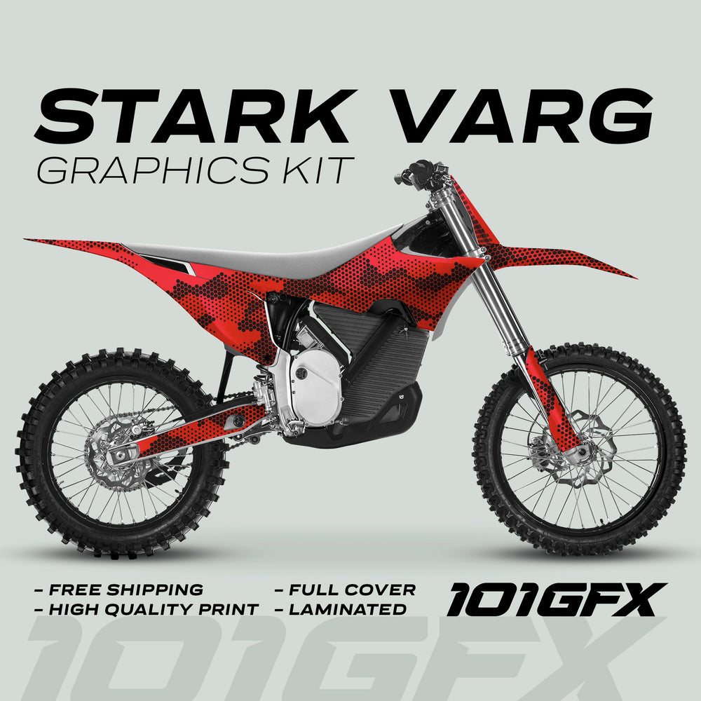 Stark Varg Graphics Kit HEXOCAM Red Decals Stickers on motocross bike, featuring red-and-black camouflage design, durable laminated finish, and easy peel-and-stick application.