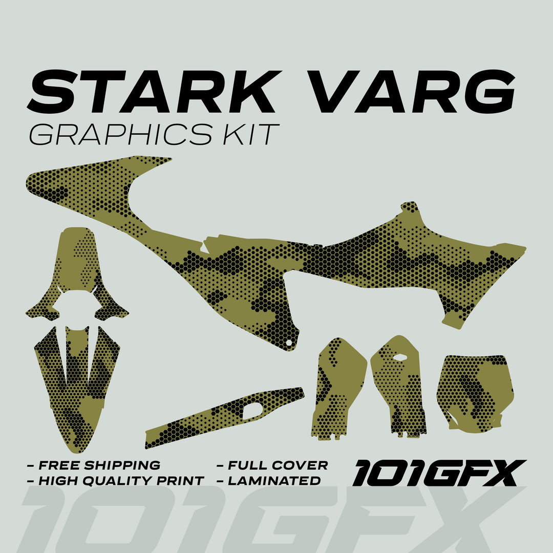 Stark Varg Graphics Kit HEXOCAM Olive Decals Stickers with olive-green camo design, die-cut panels, and high-quality laminated finish for vehicle customization.