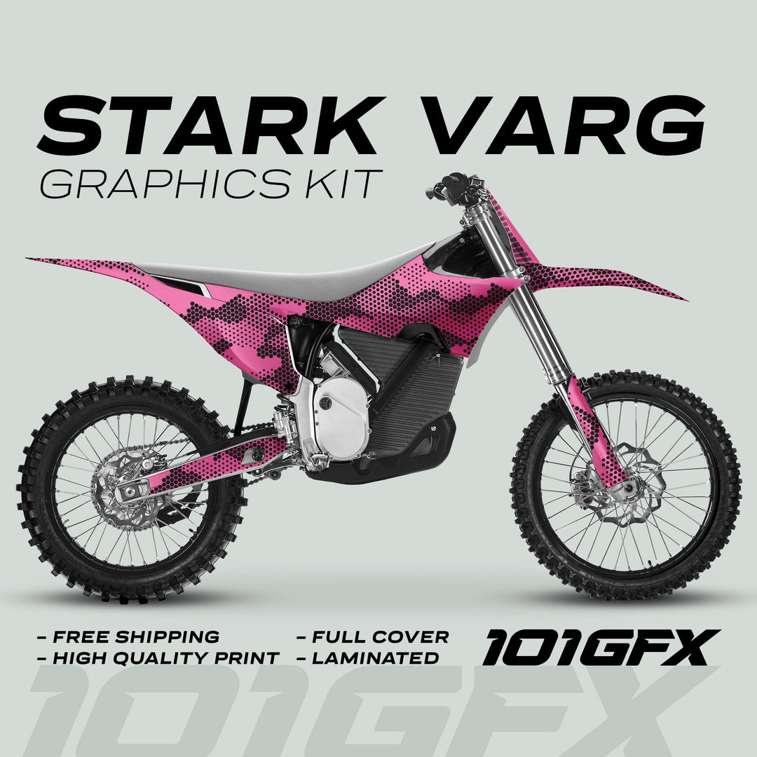 Stark Varg Graphics Kit HEXOCAM Pink Decals Stickers on a dirt bike, showcasing a pink-and-black hex-dot camo design with features like laminated durability and easy installation.