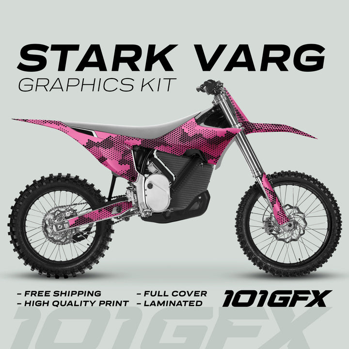Stark Varg Graphics Kit HEXOCAM Pink Decals Stickers on a dirt bike, showcasing a pink-and-black hex-dot camo design with features like laminated durability and easy installation.