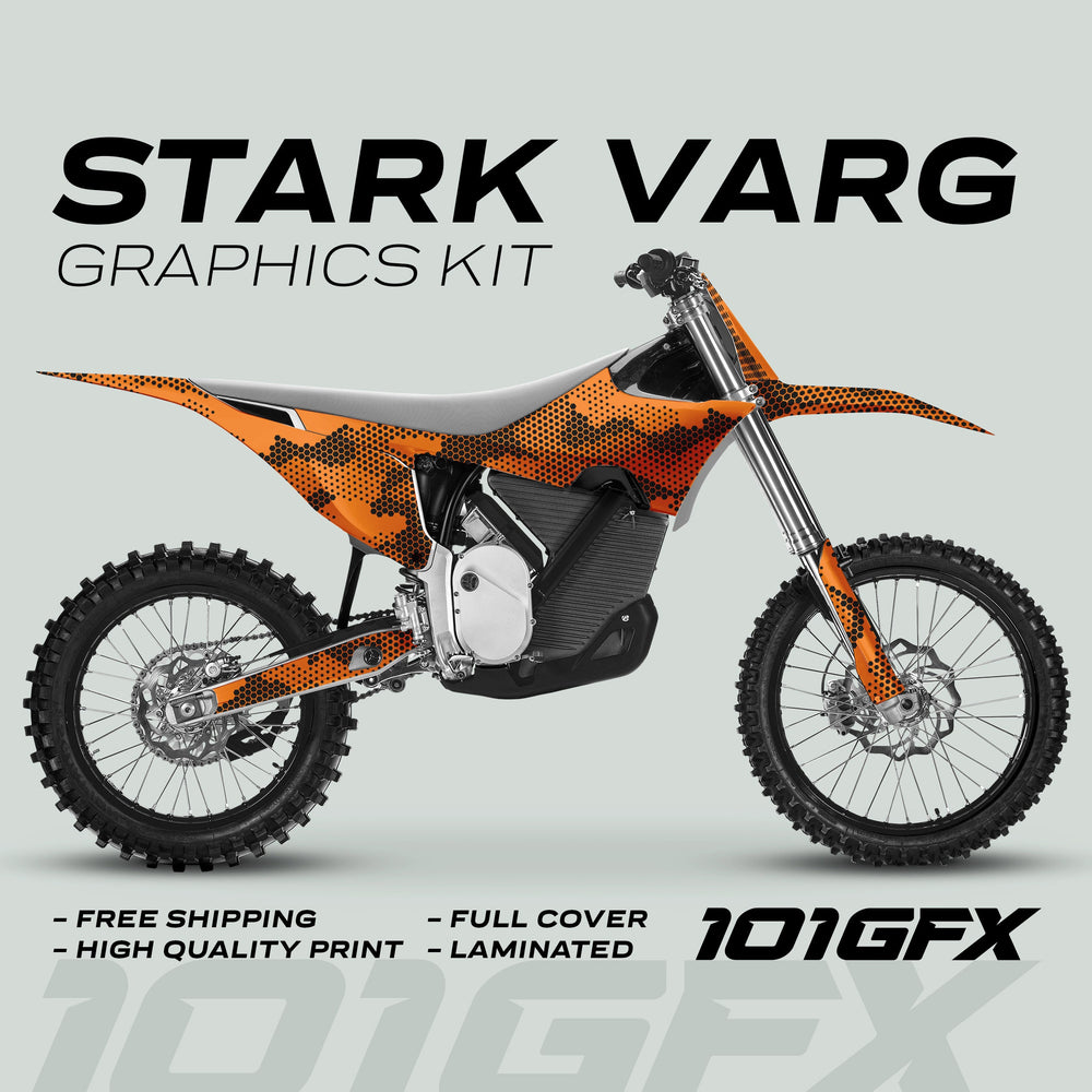 Stark Varg Graphics Kit HEXOCAM Orange Decals: dirt bike covered in orange-black camo decals on fenders, panels, fork guards, swing arm; high-quality, laminated design.