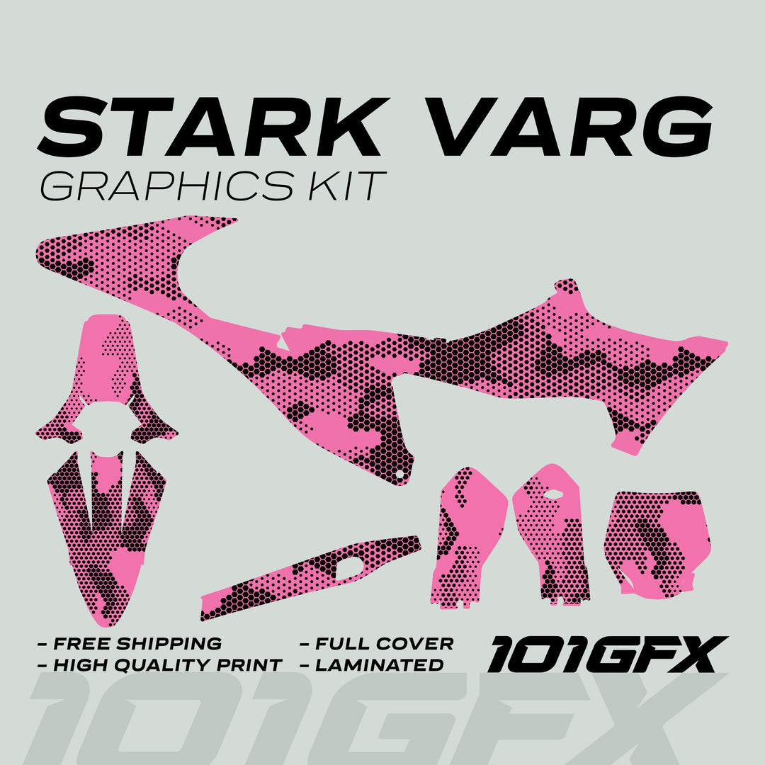 Stark Varg Graphics Kit HEXOCAM Pink Decals Stickers featuring die-cut camo pattern with selling points and 101GFX logo, designed for durable vehicle customization.