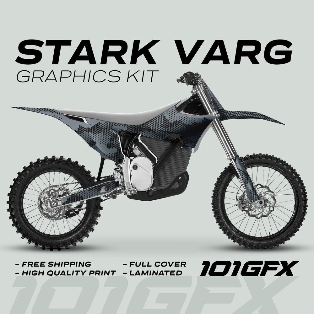 Stark Varg Graphics Kit HEXOCAM GREY Decals on a dirt bike, featuring a grey-black halftone wrap with free shipping, high quality, full cover, and laminated benefits.