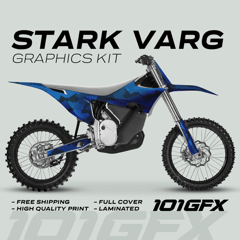 Stark Varg Graphics Kit HEXOCAM BLUE Decals Stickers on a dirt-bike, featuring blue camo pattern, free shipping, high quality, full cover, laminated, with 101GFX logo.