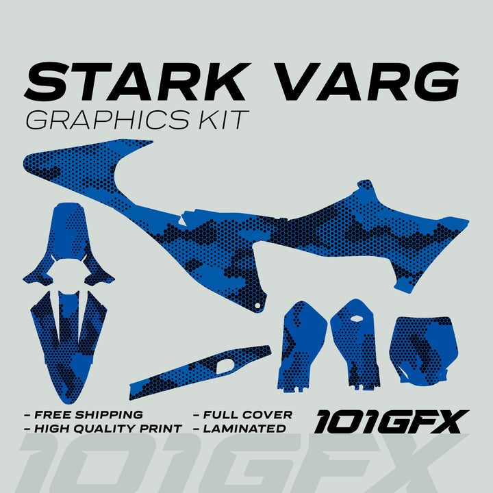 Stark Varg Graphics Kit HEXOCAM BLUE Decals: blue and black camo decals for motocross bikes, featuring full-cover design, laminated finish, and high-quality print.