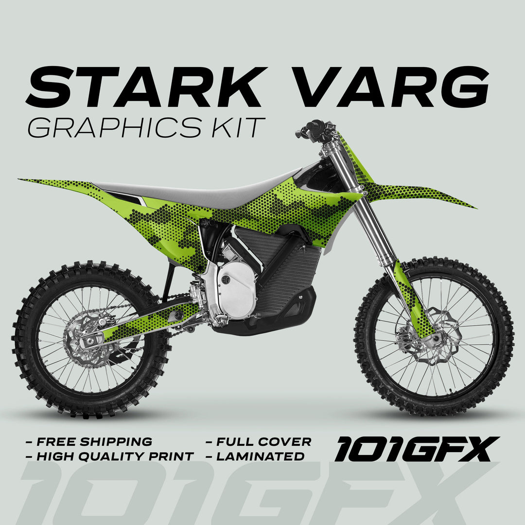 Stark Varg Graphics Kit HEXOCAM GREEN Decals Stickers on motocross bike, featuring bright green hex-dot camo, full-cover application, laminated finish, and 101GFX branding.