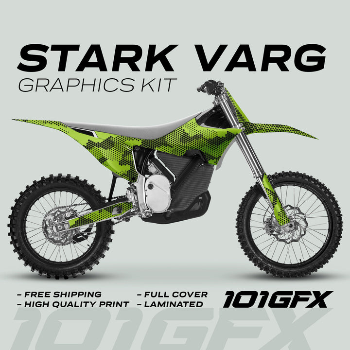 Stark Varg Graphics Kit HEXOCAM GREEN Decals Stickers on motocross bike, featuring bright green hex-dot camo, full-cover application, laminated finish, and 101GFX branding.