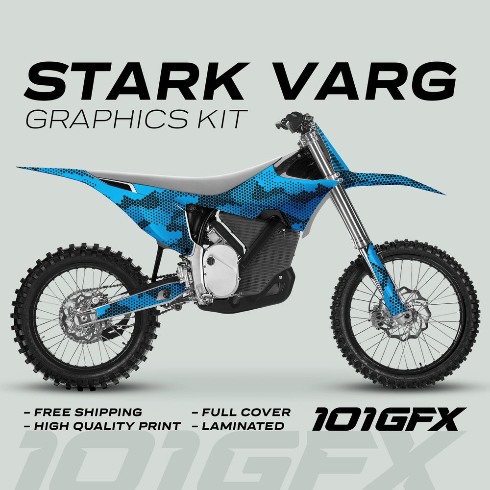Stark Varg Graphics Kit HEXOCAM CYAN on dirt-bike, featuring blue camo decals on plastics, swingarm, and fork guards. Highlights: free shipping, high-quality, full-cover, laminated finish.