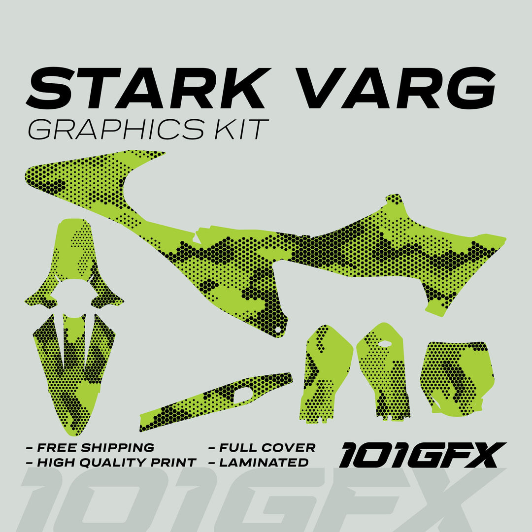Stark Varg Graphics Kit HEXOCAM GREEN Decals Stickers featuring lime-green camo patterns, designed for motocross bikes, offering high-quality, durable, laminated decals with easy application.