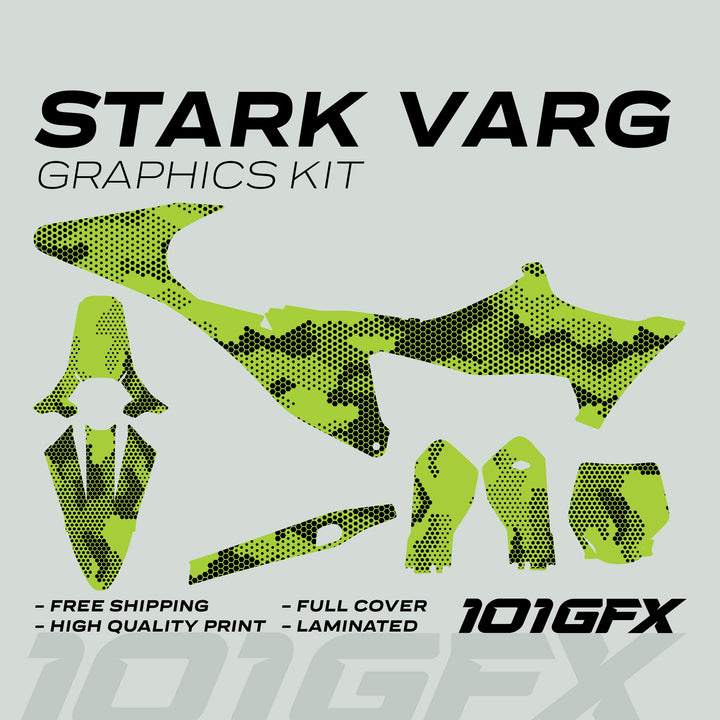 Stark Varg Graphics Kit HEXOCAM GREEN Decals Stickers featuring lime-green camo patterns, designed for motocross bikes, offering high-quality, durable, laminated decals with easy application.