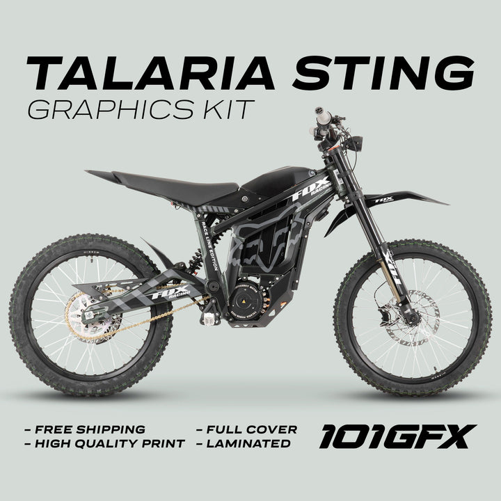 Talaria Sting MX3 MX4 Graphics Kit FOX Raceline Black Grey on black electric dirt-bike, highlighting camo-inspired design, free shipping, high-quality print, full cover, laminated benefits. 101GFX logo present.