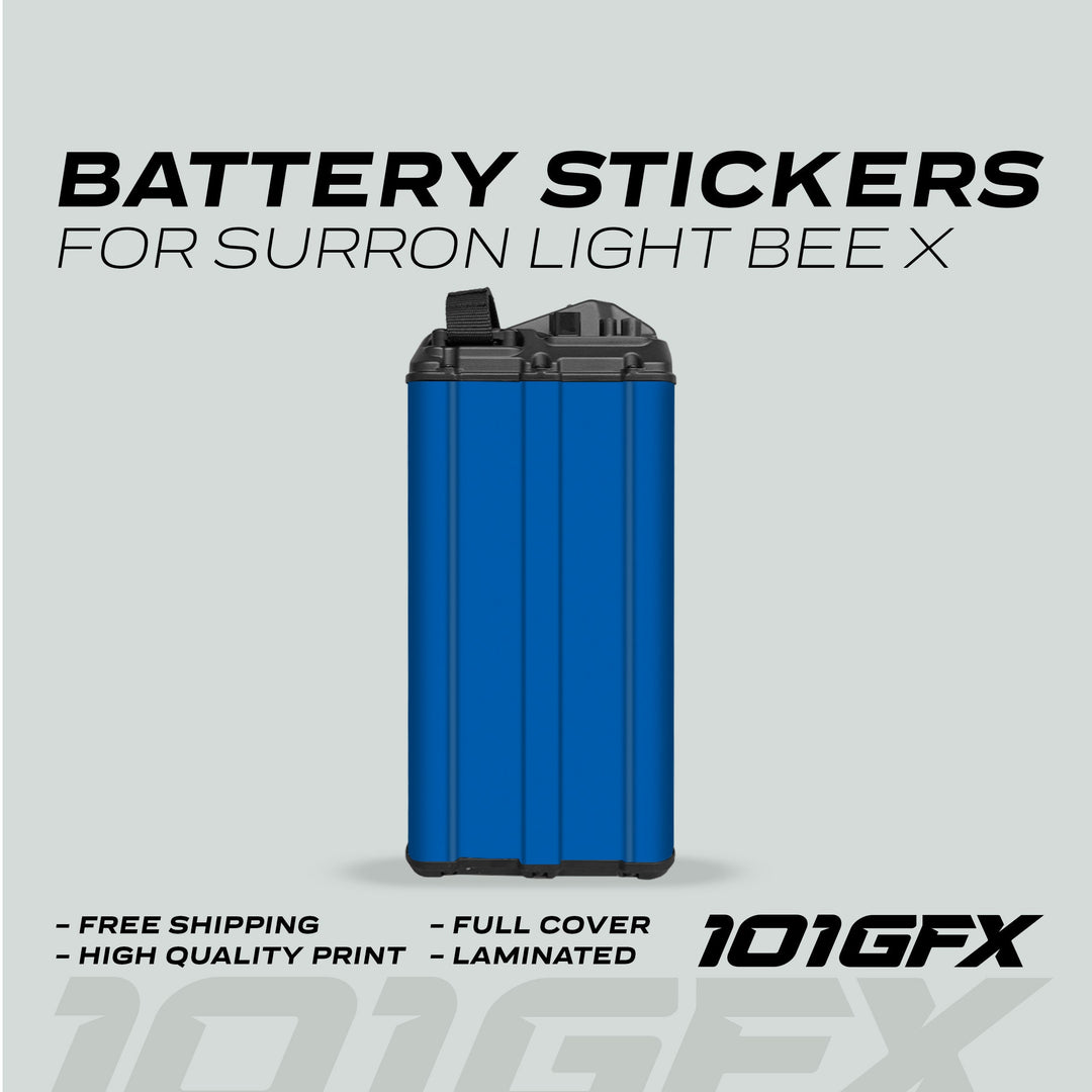 Surron Light Bee X Battery Stickers SOLID Blue mock-up showcases a bright blue wrap with selling points: free shipping, high-quality print, full cover, laminated.