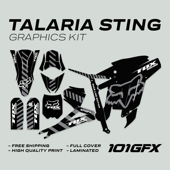 Talaria Sting MX3 MX4 Graphics Kit FOX Raceline Black Grey showing full-cover vinyl decals for motocross, highlighting durability, custom fit, and glossy finish.