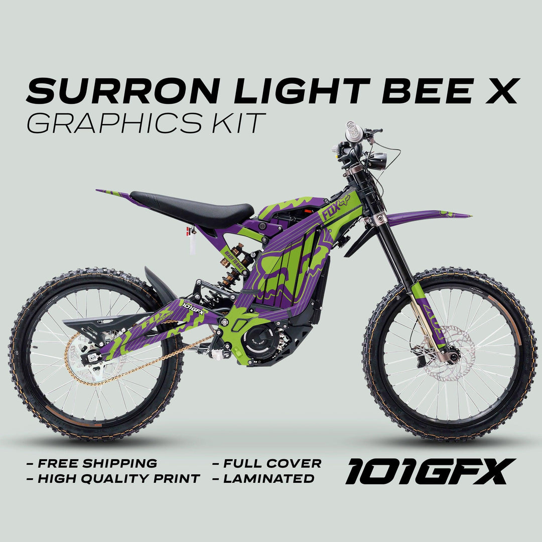 Surron Light Bee X Graphics Kit: FOX STRIPES PURPLE Green design on bike, featuring bold fox-head shapes, angular accents, and highlights like durability and easy installation.