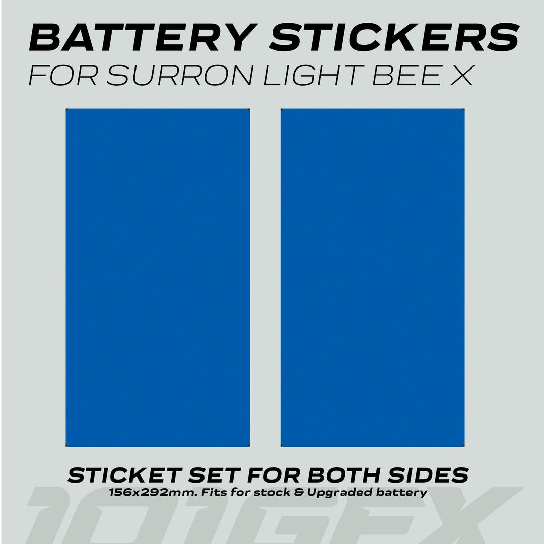 Surron Light Bee X Battery Stickers SOLID Blue, showing two blue decals for battery sides, designed for durability and easy application on Surron Light Bee X bikes.