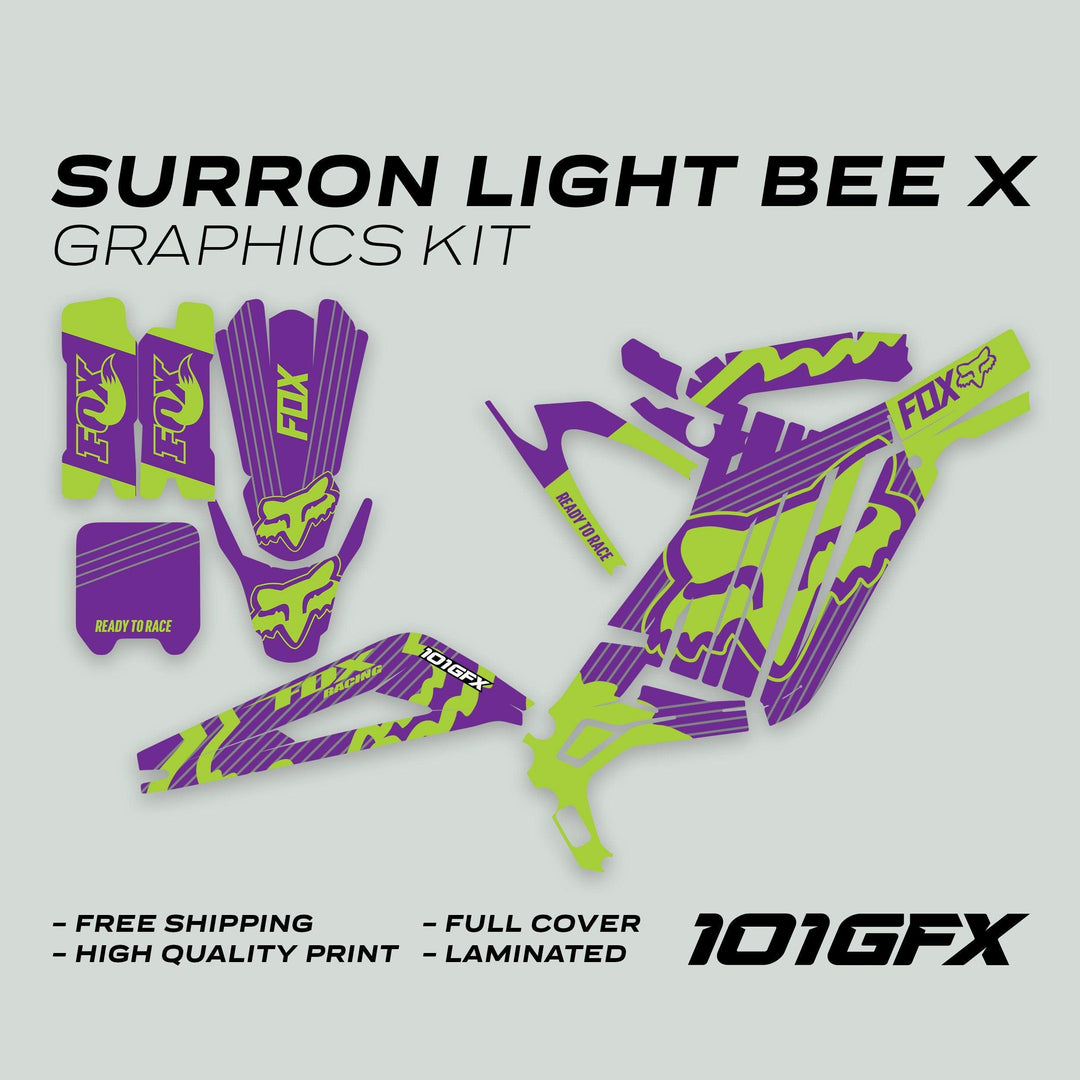 Surron Light Bee X Graphics Kit FOX STRIPES PURPLE Green with vinyl decals for frame and fenders, featuring Fox Racing logos and stylized stripes.
