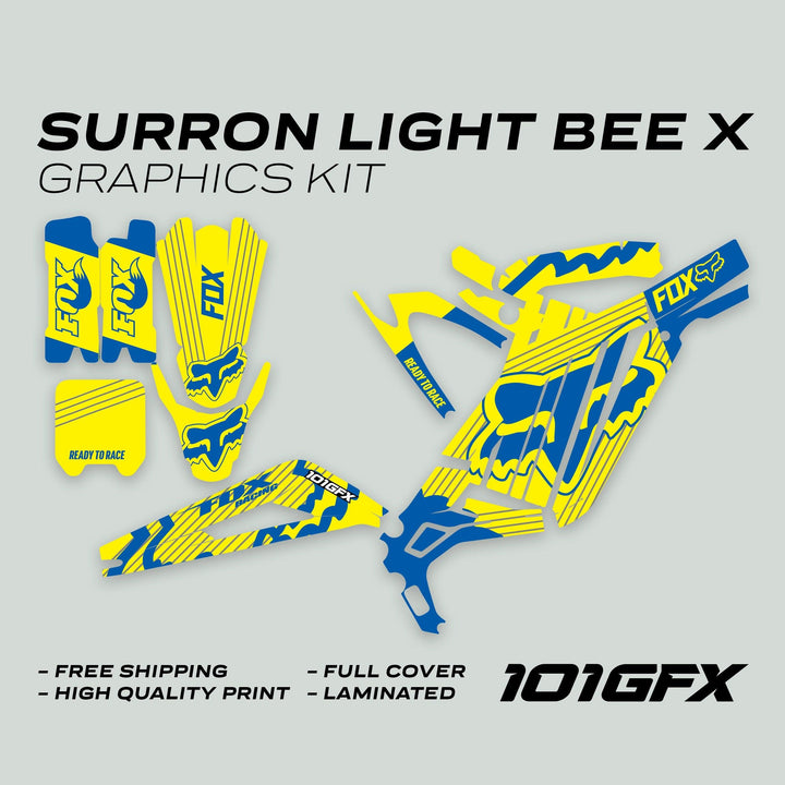 Surron Light Bee X Graphics Kit FOX STRIPES YELLOW Blue showcasing die-cut decals for bike parts, featuring FOX Racing / Ready to Race style.