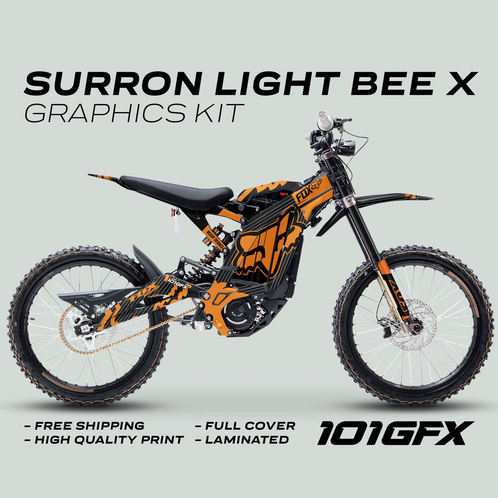 Sur-Ron Light Bee X with FOX STRIPES Black Orange kit, showcasing full-coverage graphics, durability, and easy installation from 101GFX.