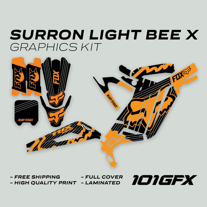 SurRon Light Bee X Graphics Kit FOX STRIPES Black Orange with pre-cut decals for panels, featuring FOX branding and callouts for free shipping and high-quality print.