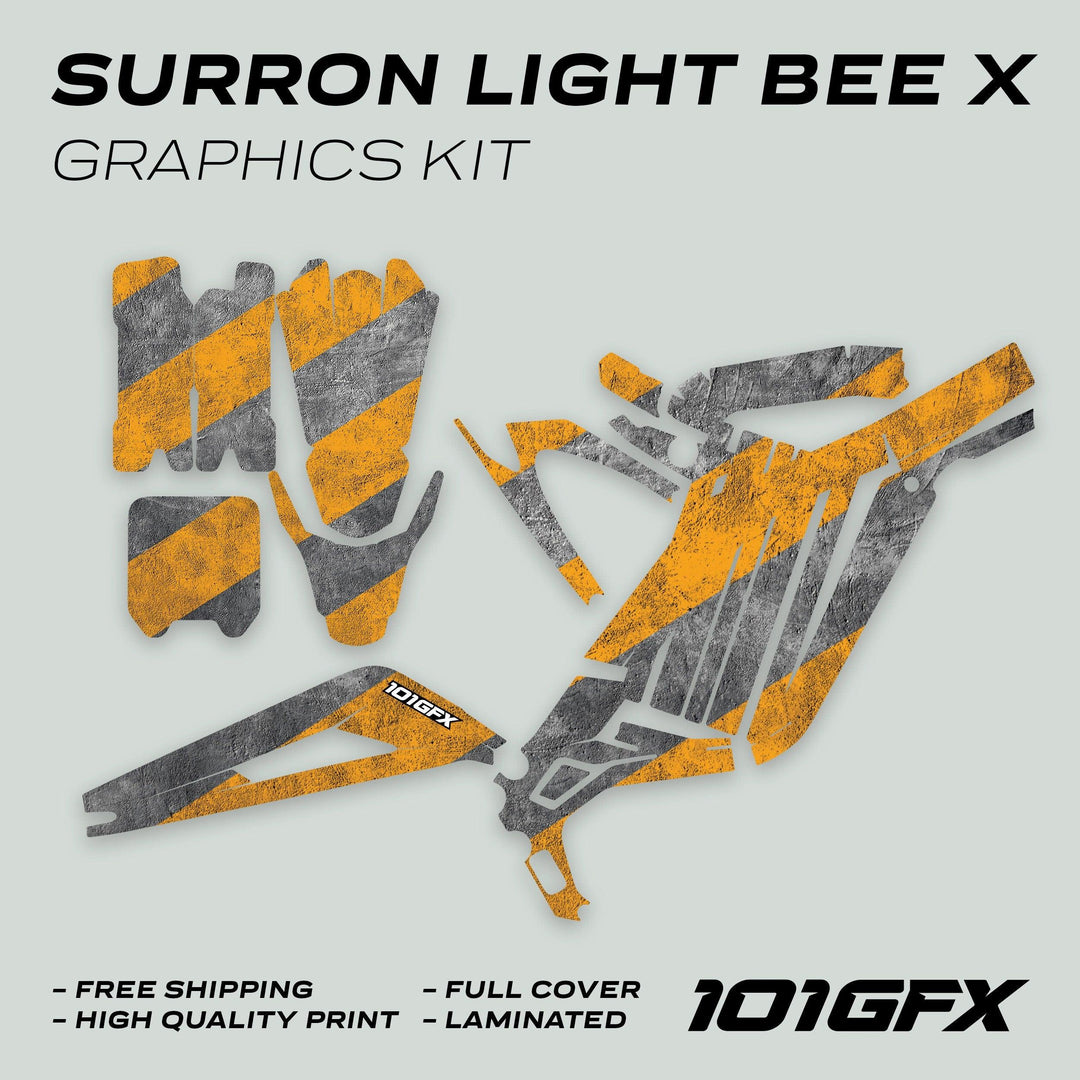 Surron Light Bee X Graphics Kit CONCRETE LINES with distressed orange-gray stripes, includes die-cut vinyl pieces for full bike coverage, featuring 101GFX, Free Shipping, and High Quality Print.