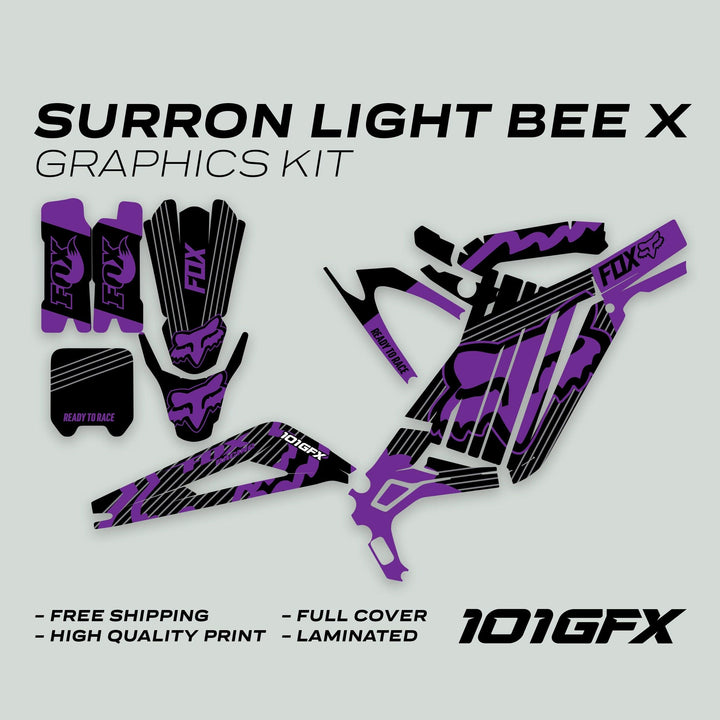 Surron Light Bee X Graphics Kit FOX STRIPES BLACK Purple displayed in cut pieces with features like high-quality print and full coverage.