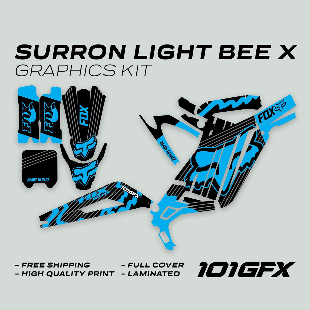 Surron Light Bee X Graphics Kit FOX STRIPES BLACK Cyan displayed, showcasing decal pieces for a custom fit, emphasizing durability, easy application, and stylish race-ready design.