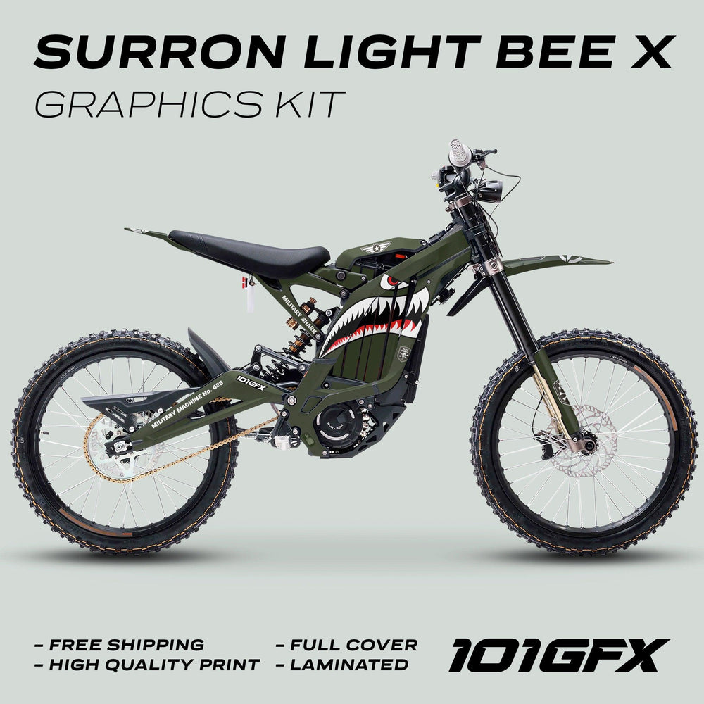 Surron Light Bee X Graphics Kit MILITARY SHARK Olive, featuring a shark-mouth design on an olive-green electric dirt bike with durable, laminated vinyl wrap and seamless fit.